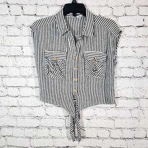 Ellor White Blue Striped Sleeveless Shirt Button Front Tie Size XS Linen Blend